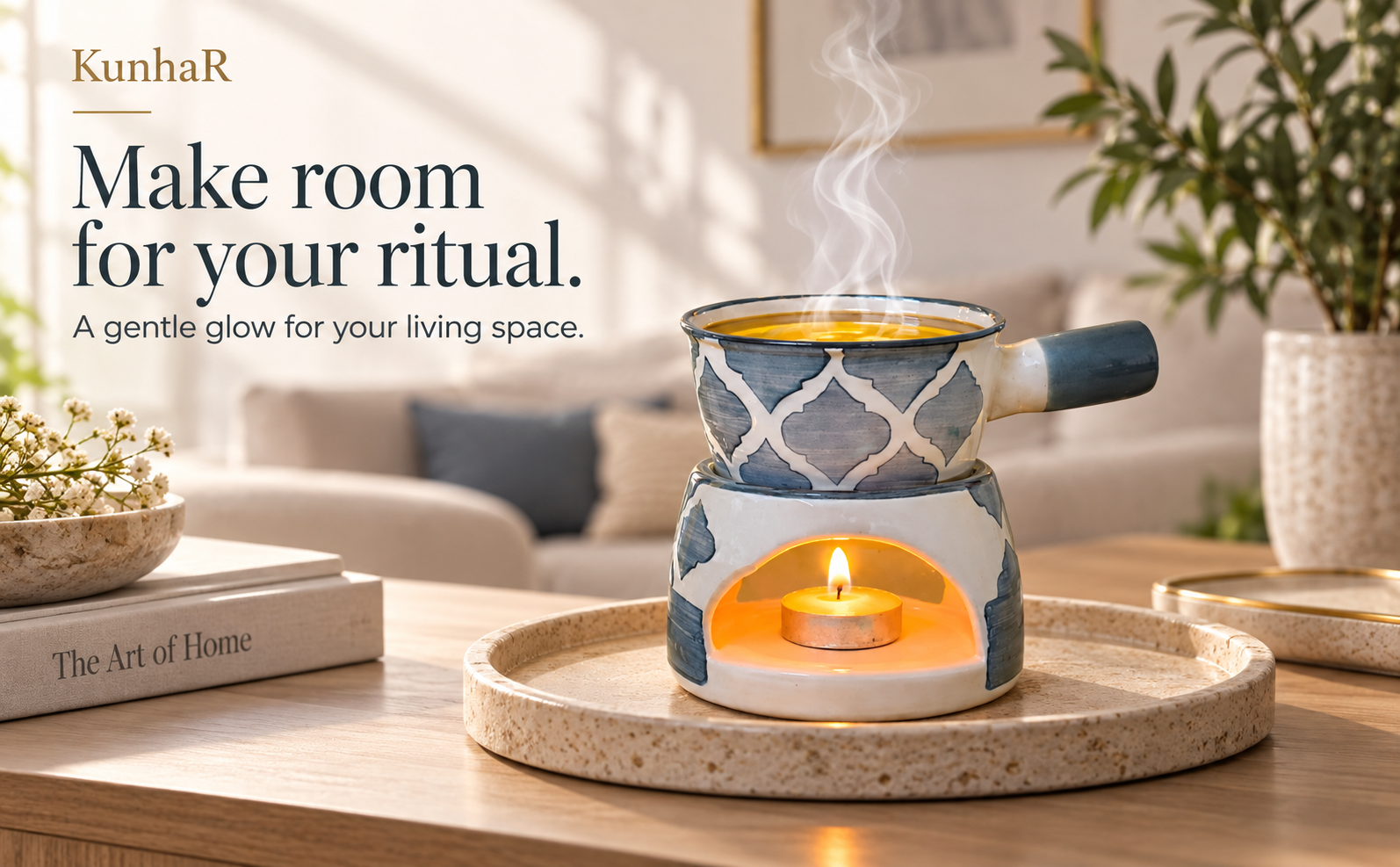 KunhaR Ceramic Aroma Diffuser and Oil Burner, Multi-Purpose Fondue for Essential Oils, Camphor and Wax Melts, Home Office Meditation Use (Grey) — ritual