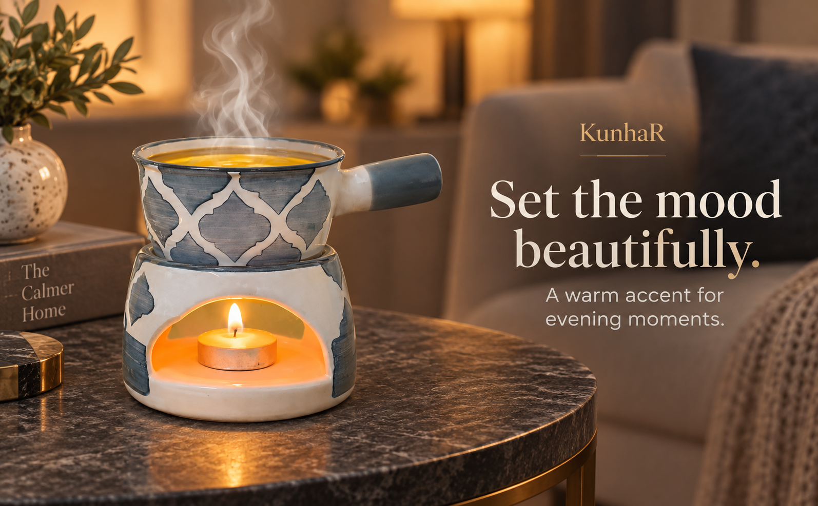 KunhaR Ceramic Aroma Diffuser and Oil Burner, Multi-Purpose Fondue for Essential Oils, Camphor and Wax Melts, Home Office Meditation Use (Grey) — evening