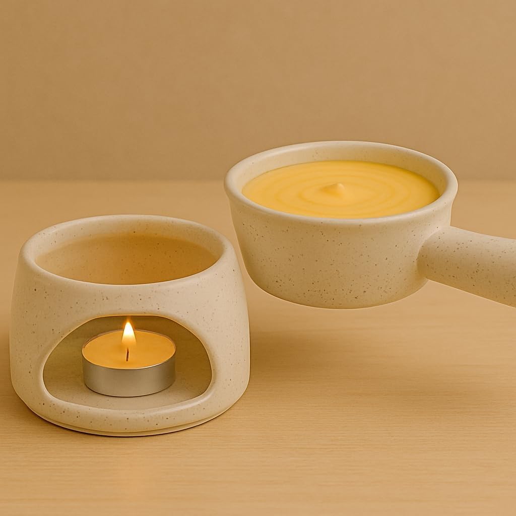 KunhaR Ceramic Fondue Set Pack of 2 (2 Piece of Fondue Set, 4 Tea Light Candle), White Matt & Grey - Image 2