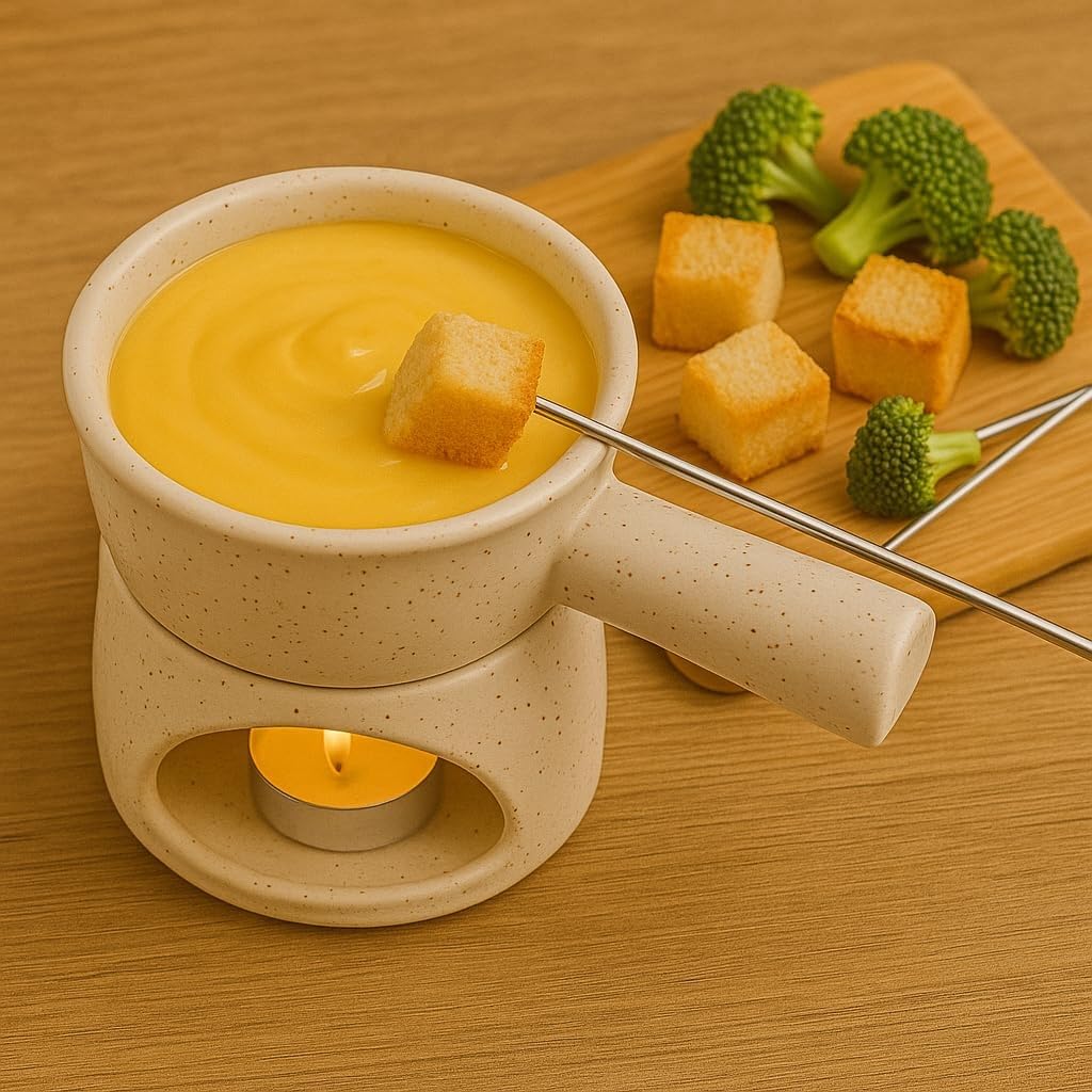 KunhaR Ceramic Fondue Set Pack of 2 (2 Piece of Fondue Set, 4 Tea Light Candle), White Matt & Grey - Image 3