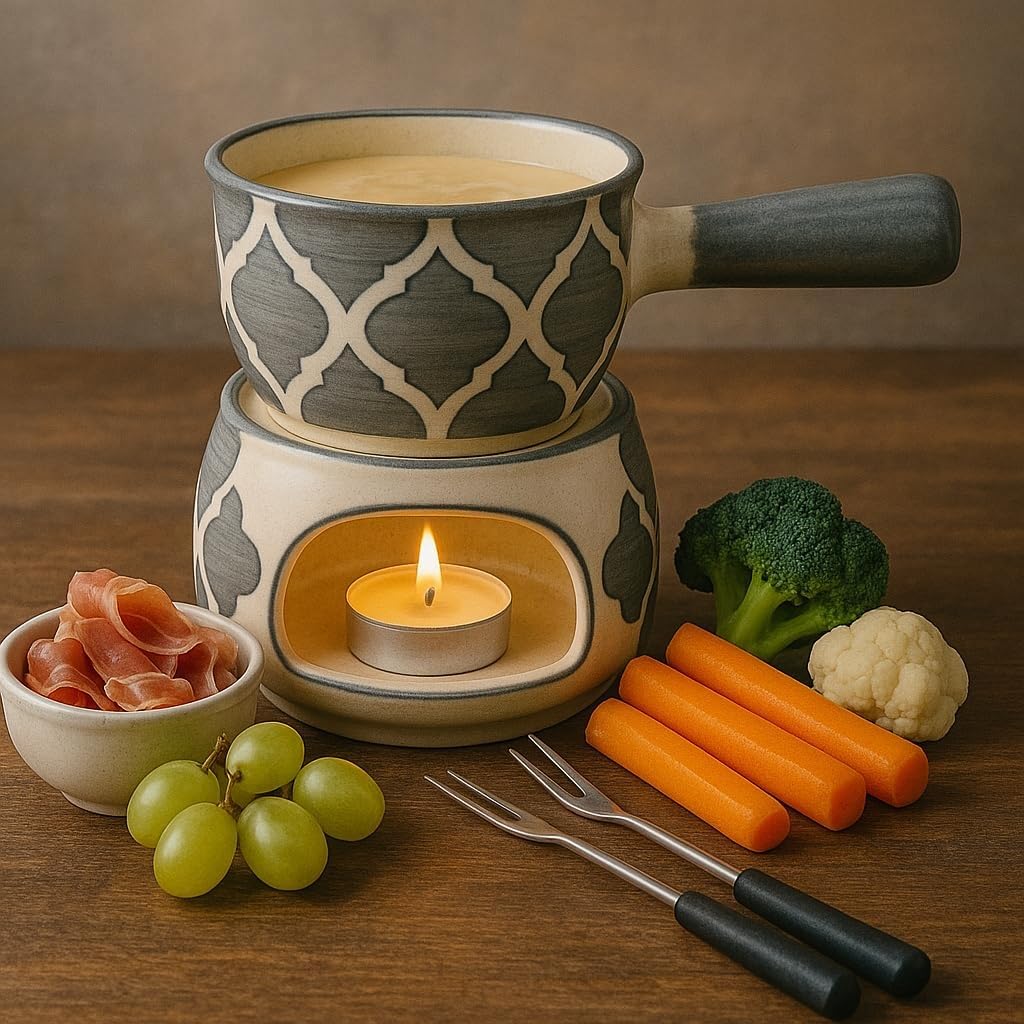 KunhaR Ceramic Fondue Set Pack of 2 (2 Piece of Fondue Set, 4 Tea Light Candle), White Matt & Grey - Image 5