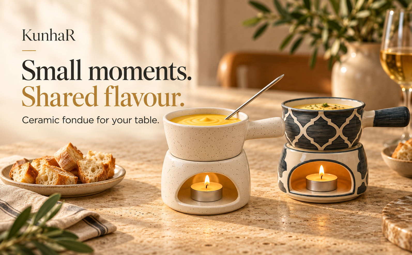 KunhaR Ceramic Fondue Set Pack of 2 (2 Piece of Fondue Set, 4 Tea Light Candle), White Matt & Grey — hero