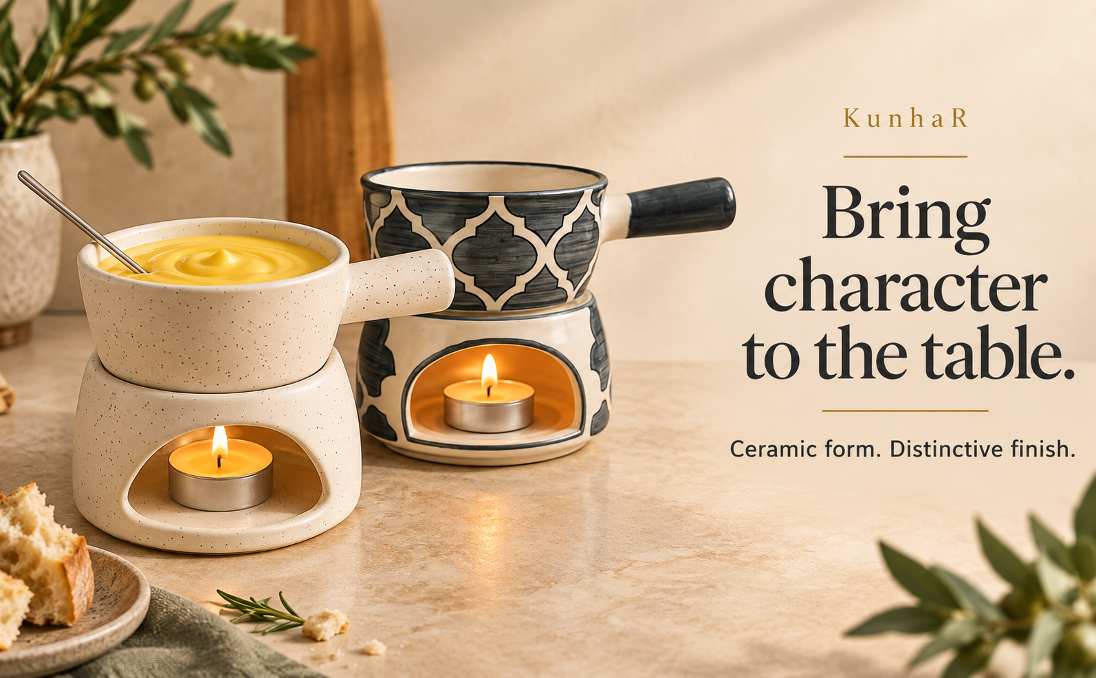 KunhaR Ceramic Fondue Set Pack of 2 (2 Piece of Fondue Set, 4 Tea Light Candle), White Matt & Grey — finish