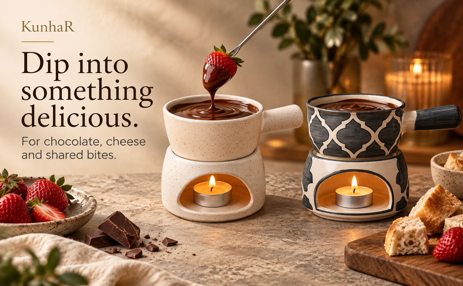 KunhaR Ceramic Fondue Set Pack of 2 (2 Piece of Fondue Set, 4 Tea Light Candle), White Matt & Grey — serve