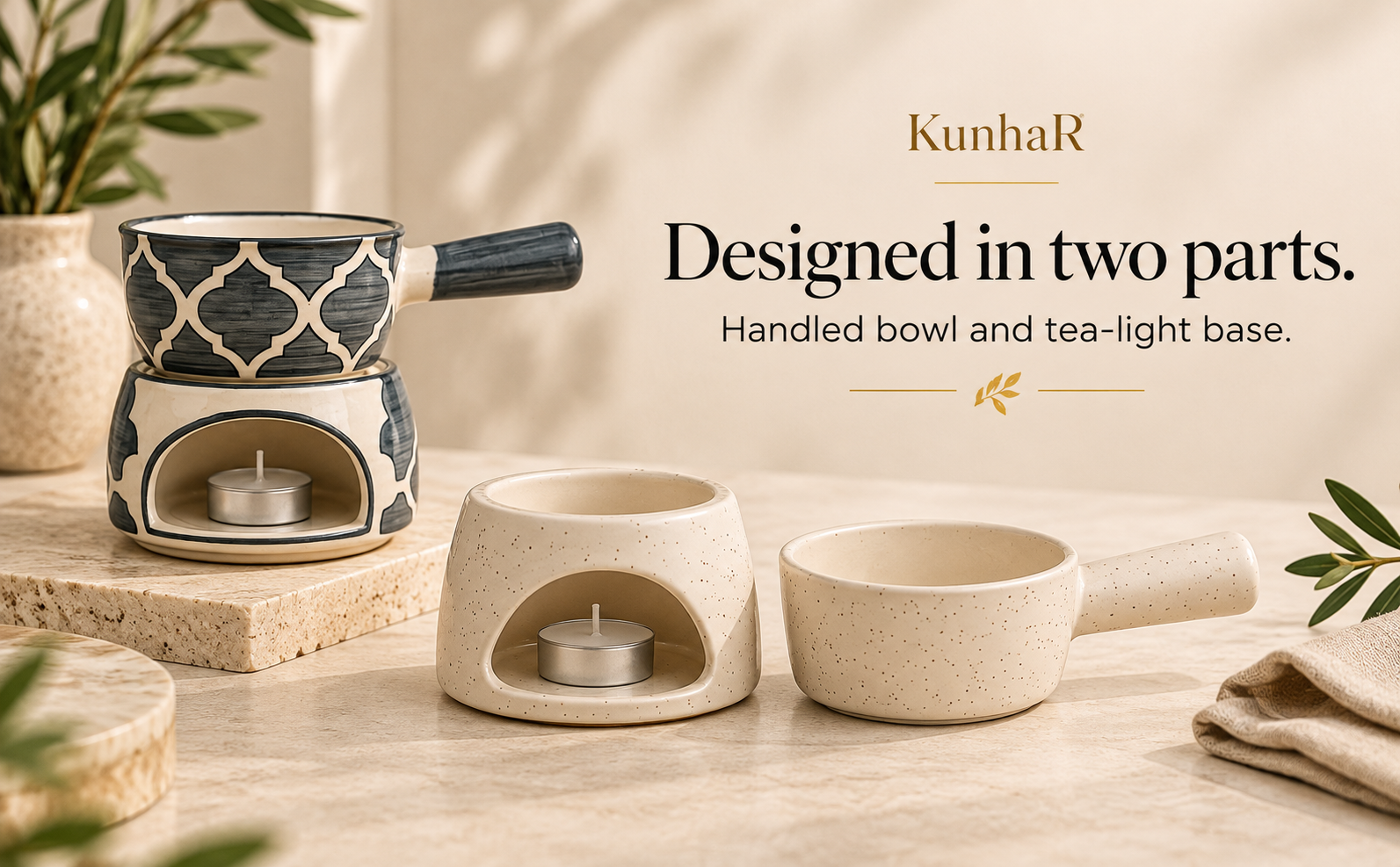 KunhaR Ceramic Fondue Set Pack of 2 (2 Piece of Fondue Set, 4 Tea Light Candle), White Matt & Grey — form