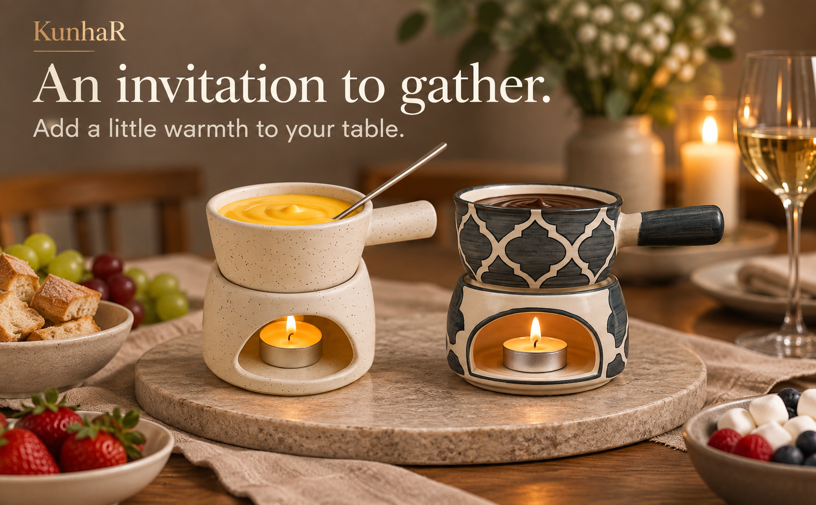 KunhaR Ceramic Fondue Set Pack of 2 (2 Piece of Fondue Set, 4 Tea Light Candle), White Matt & Grey — gather