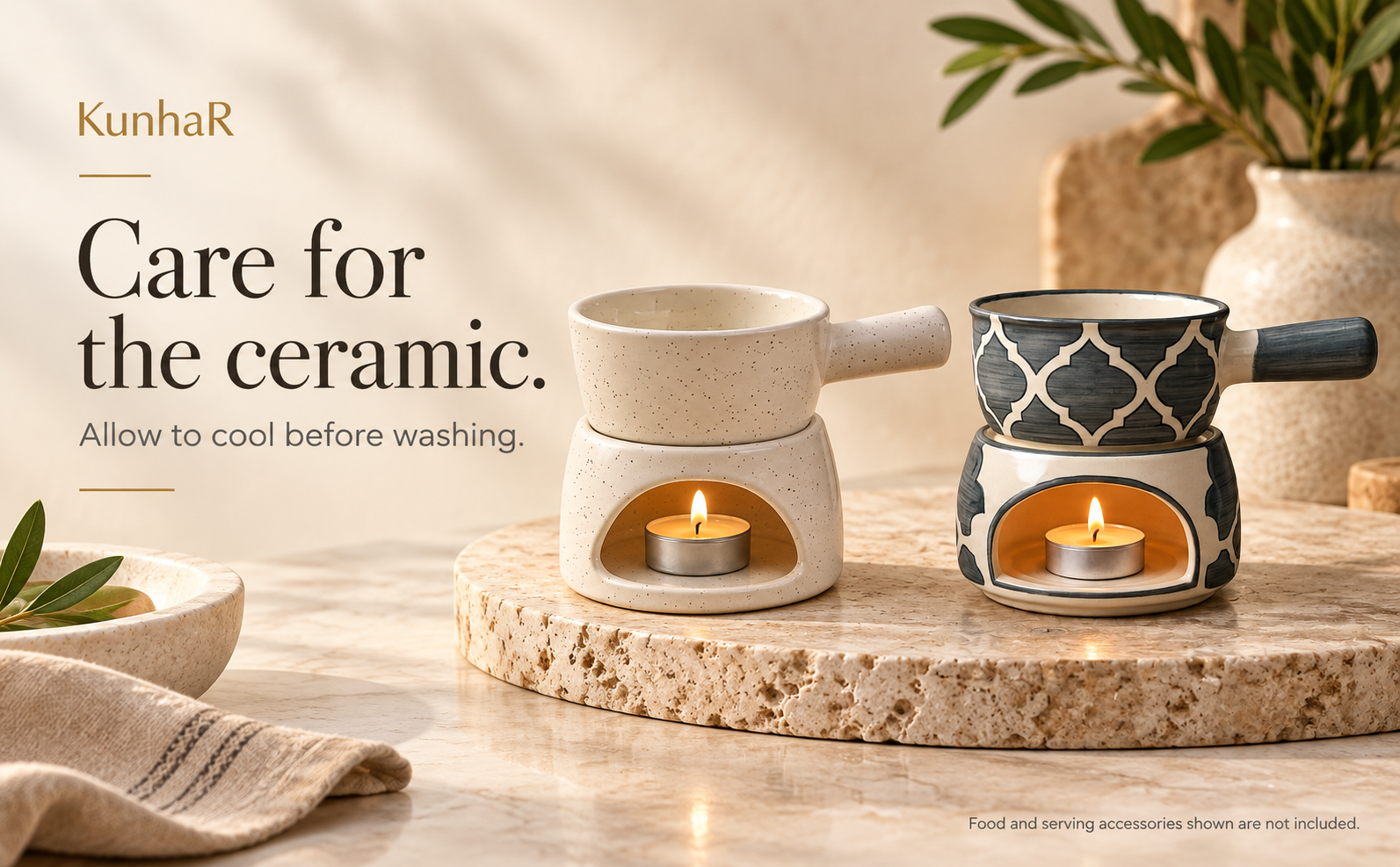 KunhaR Ceramic Fondue Set Pack of 2 (2 Piece of Fondue Set, 4 Tea Light Candle), White Matt & Grey — care
