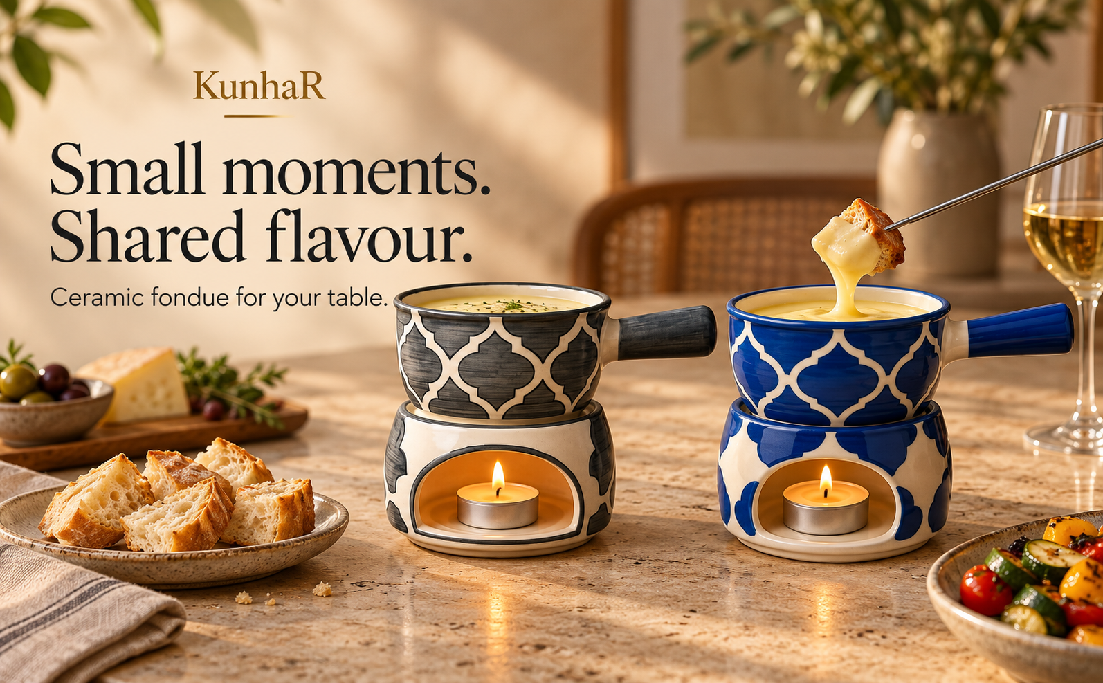 KunhaR Ceramic Fondue Set Pack of 2 (2 Piece of Fondue Set, 4 Tea Light Candle), Grey & Blue Chidi — hero