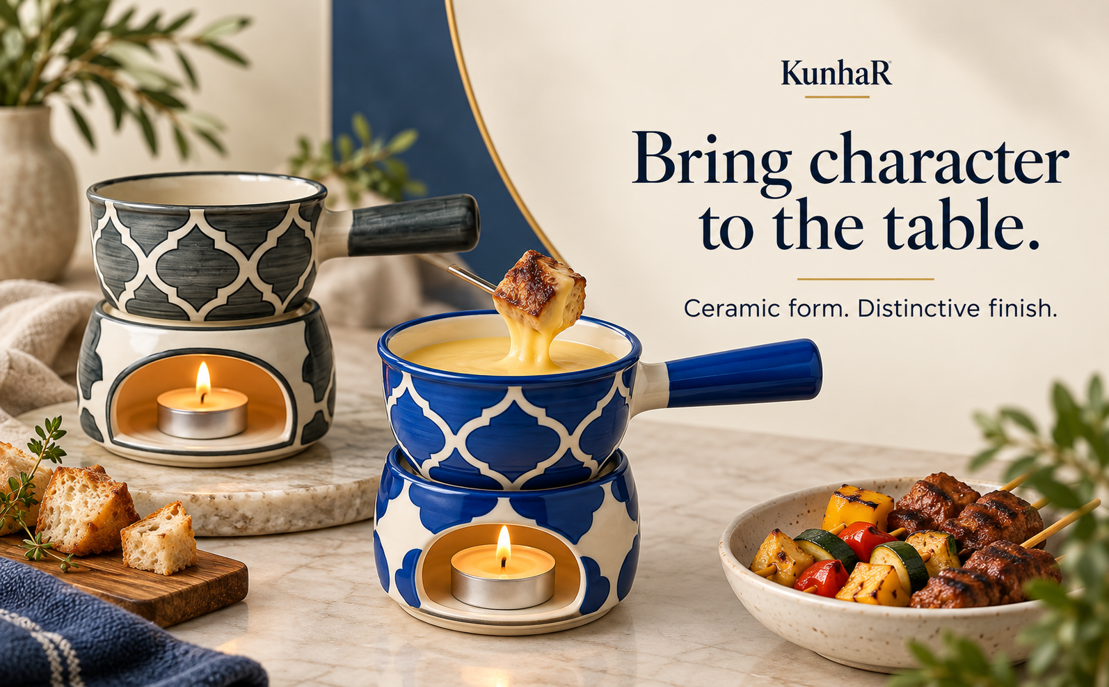 KunhaR Ceramic Fondue Set Pack of 2 (2 Piece of Fondue Set, 4 Tea Light Candle), Grey & Blue Chidi — finish