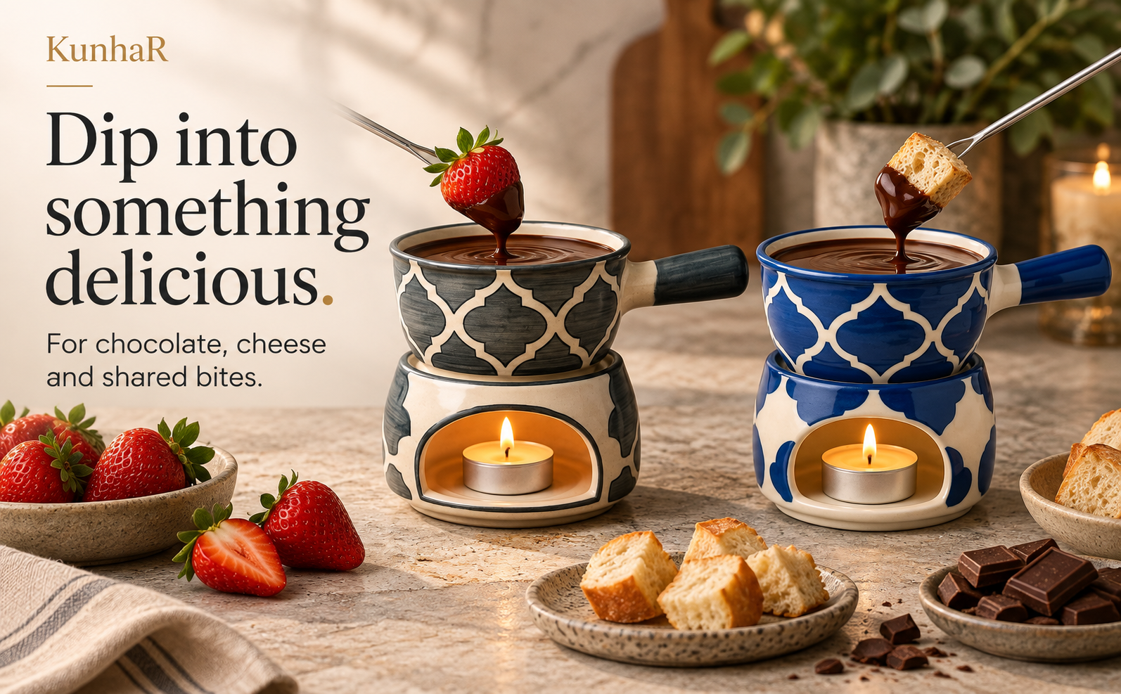 KunhaR Ceramic Fondue Set Pack of 2 (2 Piece of Fondue Set, 4 Tea Light Candle), Grey & Blue Chidi — serve