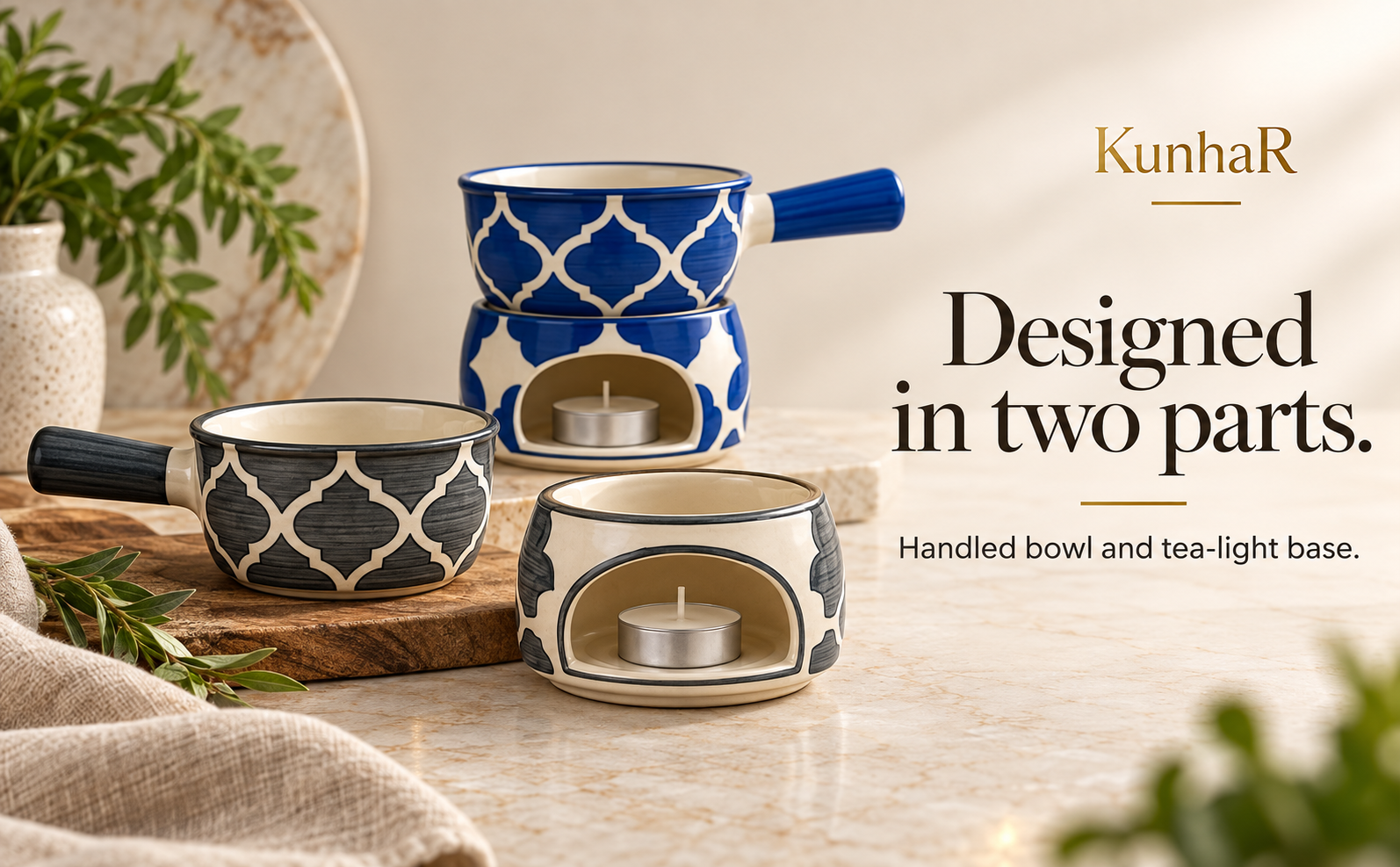 KunhaR Ceramic Fondue Set Pack of 2 (2 Piece of Fondue Set, 4 Tea Light Candle), Grey & Blue Chidi — form
