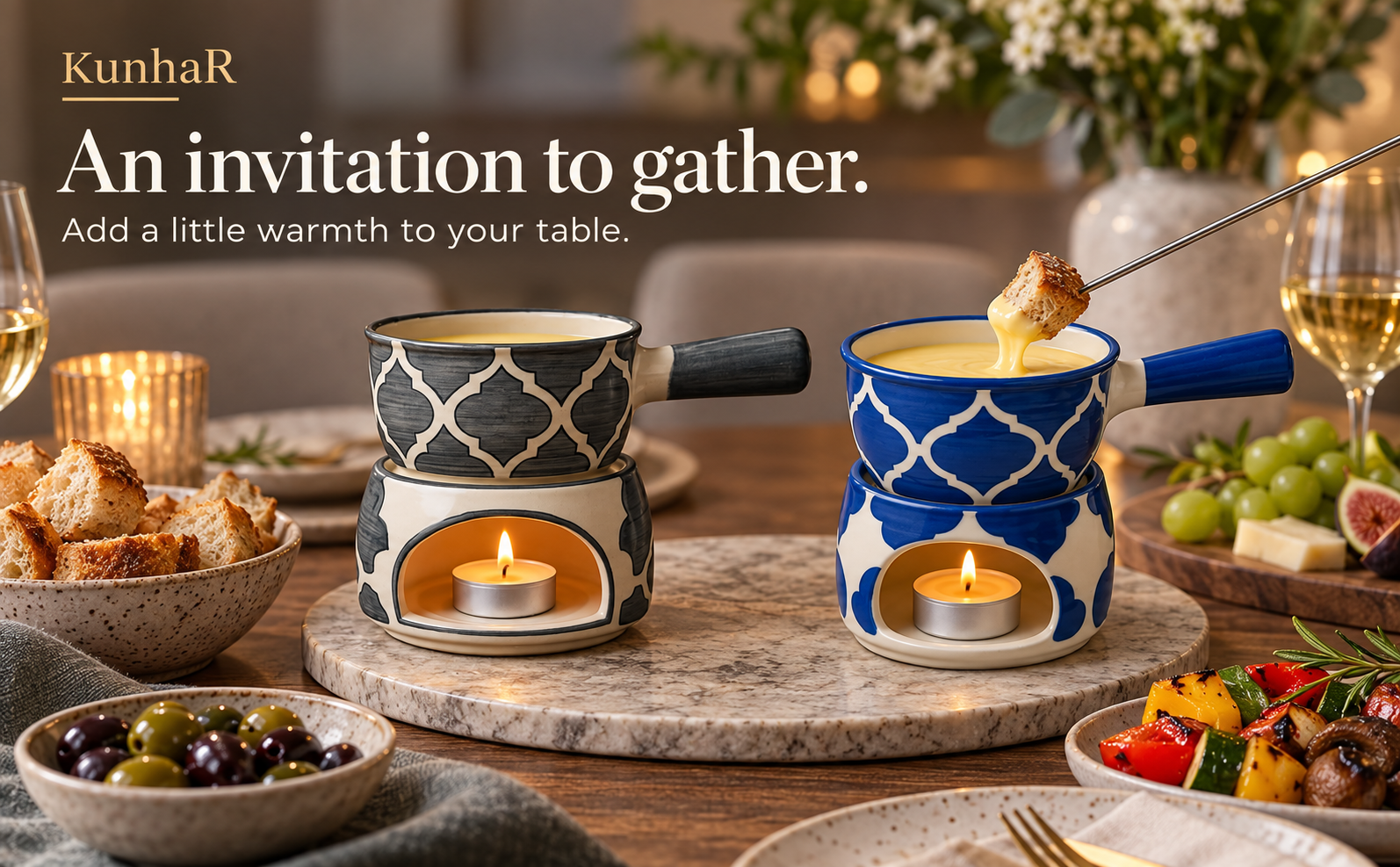 KunhaR Ceramic Fondue Set Pack of 2 (2 Piece of Fondue Set, 4 Tea Light Candle), Grey & Blue Chidi — gather