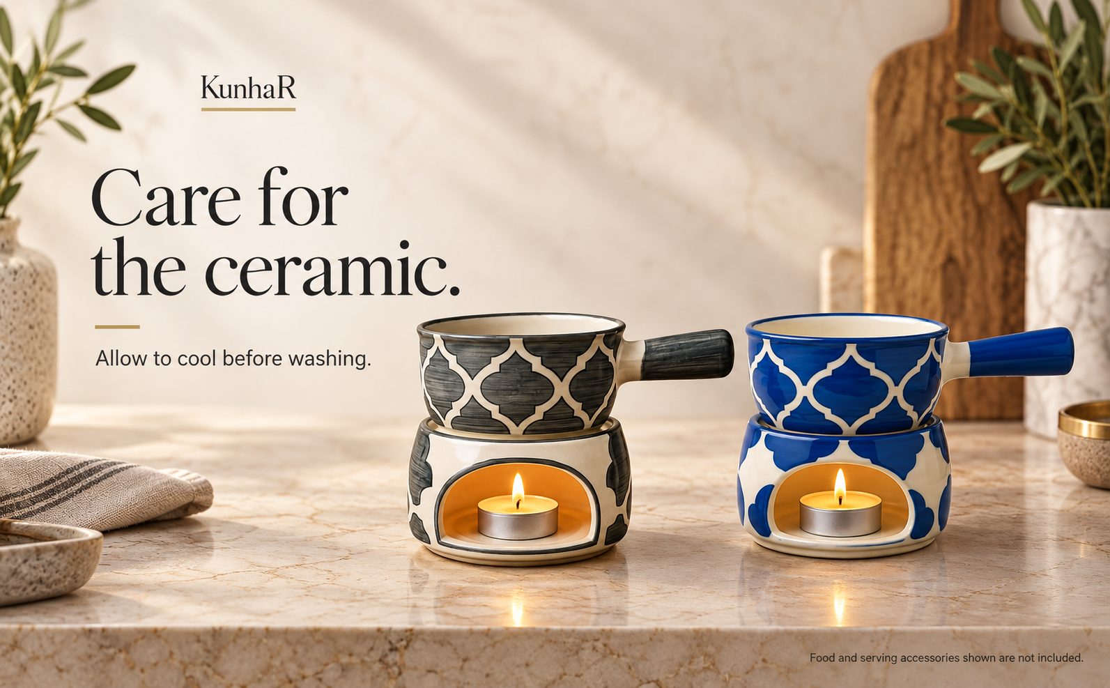 KunhaR Ceramic Fondue Set Pack of 2 (2 Piece of Fondue Set, 4 Tea Light Candle), Grey & Blue Chidi — care