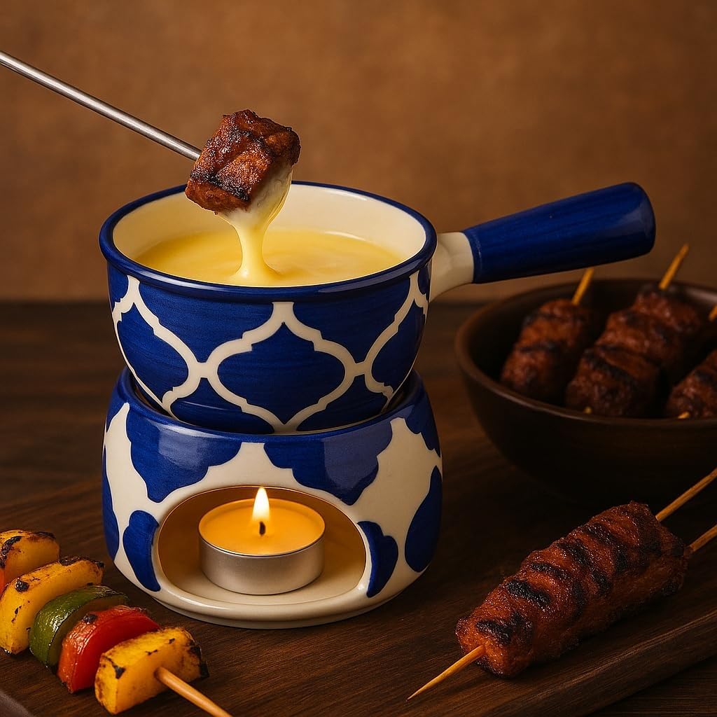 KunhaR Ceramic Fondue Set Pack of 2 (2 Piece of Fondue Set, 4 Tea Light Candle), Grey & Blue Chidi - Image 4
