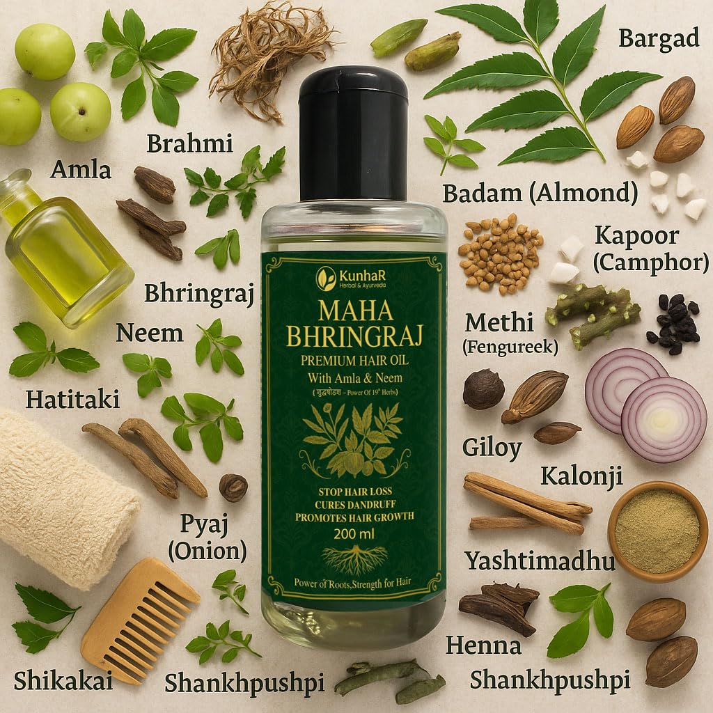 KunhaR Maha Bhringraj Premium Hair Oil with Amla & Neem - 200 ml (Pack of 1) - Reduces Hair Fall, Cures Dandruff – Ayurvedic Herbal Formula – Power of Roots - Image 2