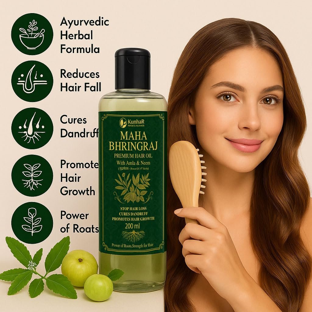 KunhaR Maha Bhringraj Premium Hair Oil with Amla & Neem - 200 ml (Pack of 1) - Reduces Hair Fall, Cures Dandruff – Ayurvedic Herbal Formula – Power of Roots - Image 8