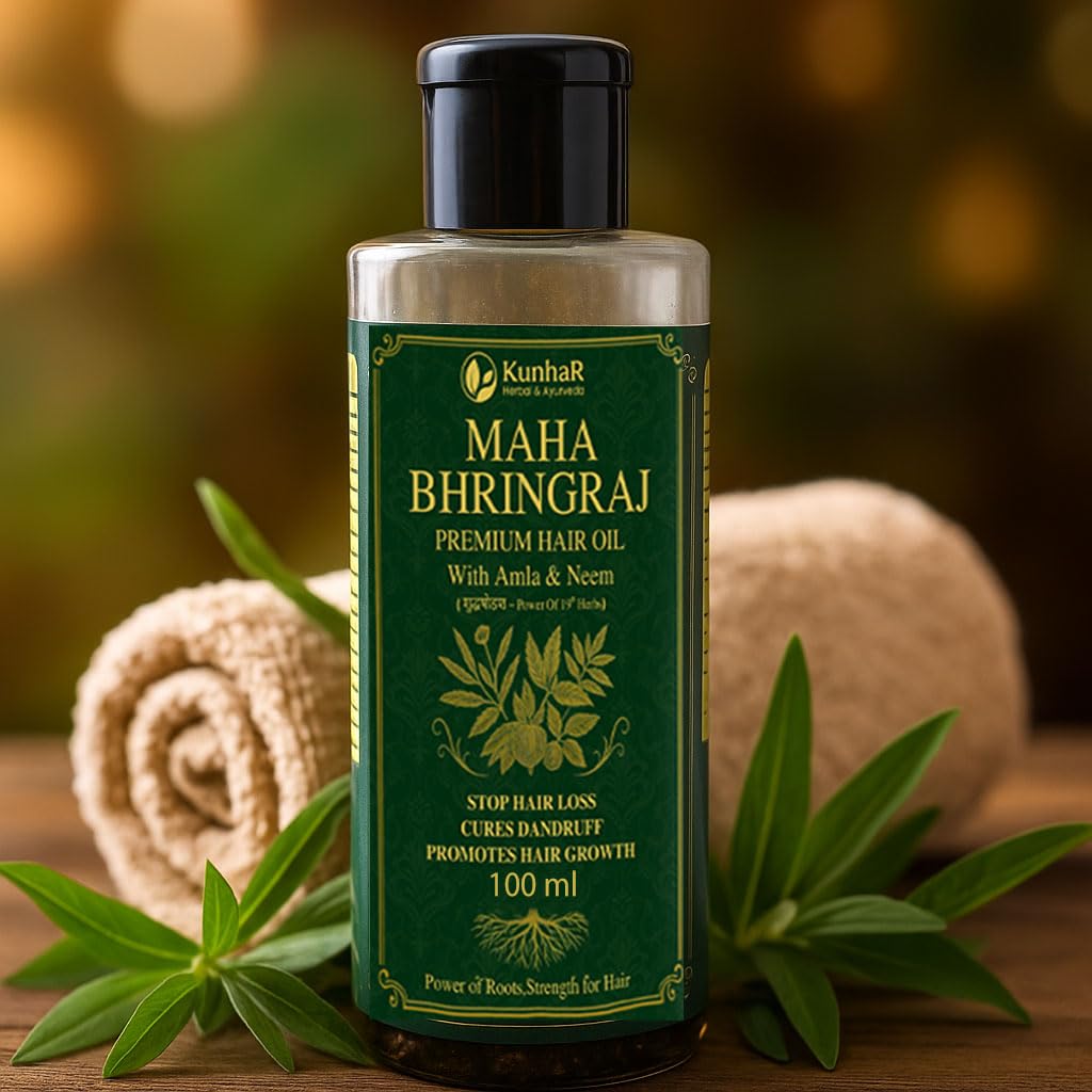 KunhaR Maha Bhringraj Premium Hair Oil with Amla & Neem - 100 ml (Pack of 1) - Reduces Hair Fall, Cures Dandruff – Ayurvedic Herbal Formula – Power of Roots