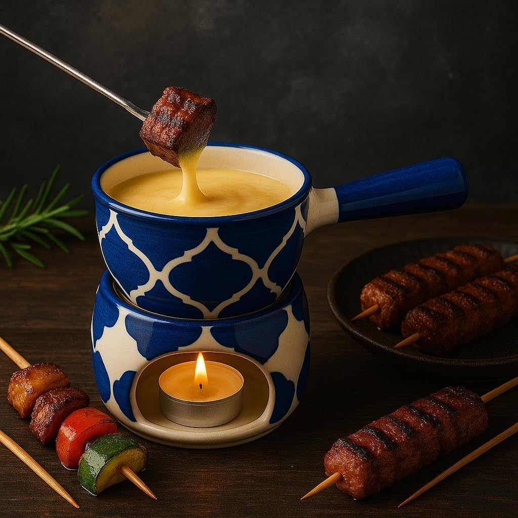 KunhaR Ceramic Fondue Set Pack of 2 (2 Piece of Fondue Set, 4 Tea Light Candle), White Matt & Blue Chidi - Image 5