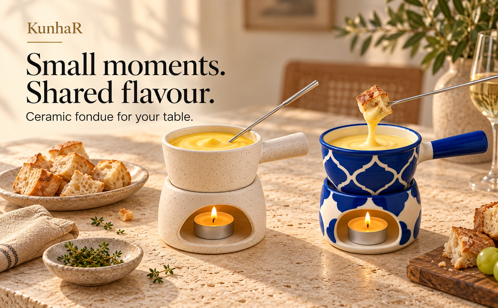 KunhaR Ceramic Fondue Set Pack of 2 (2 Piece of Fondue Set, 4 Tea Light Candle), White Matt & Blue Chidi — hero