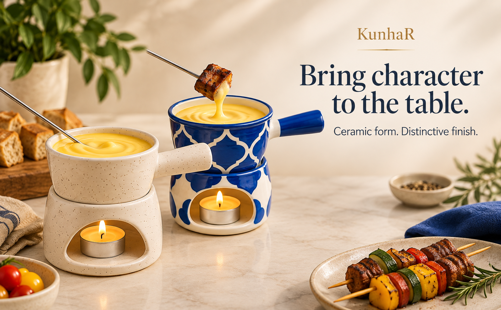 KunhaR Ceramic Fondue Set Pack of 2 (2 Piece of Fondue Set, 4 Tea Light Candle), White Matt & Blue Chidi — finish