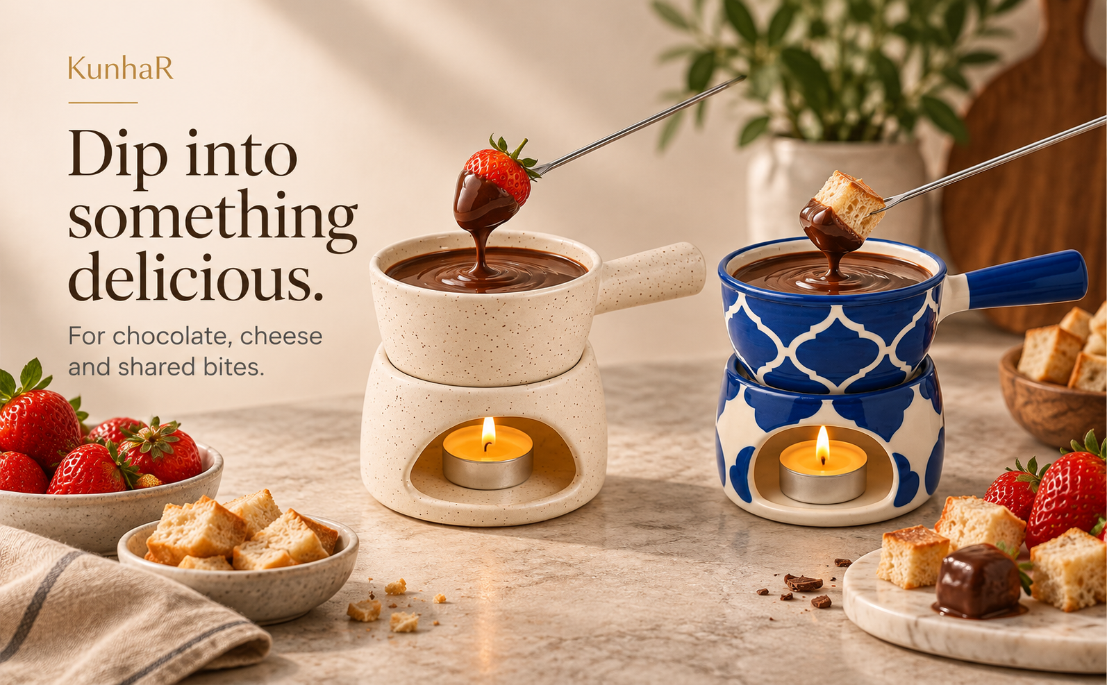 KunhaR Ceramic Fondue Set Pack of 2 (2 Piece of Fondue Set, 4 Tea Light Candle), White Matt & Blue Chidi — serve