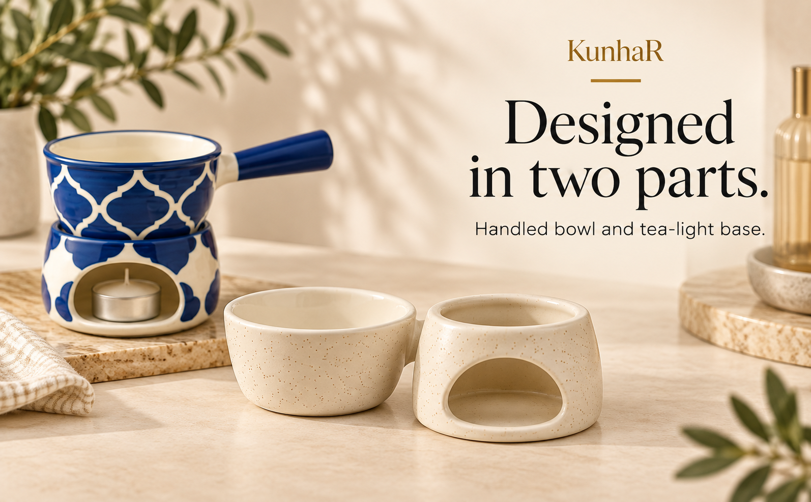 KunhaR Ceramic Fondue Set Pack of 2 (2 Piece of Fondue Set, 4 Tea Light Candle), White Matt & Blue Chidi — form