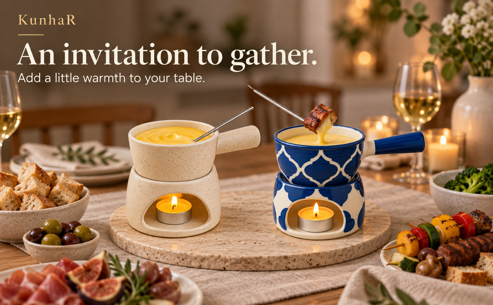 KunhaR Ceramic Fondue Set Pack of 2 (2 Piece of Fondue Set, 4 Tea Light Candle), White Matt & Blue Chidi — gather