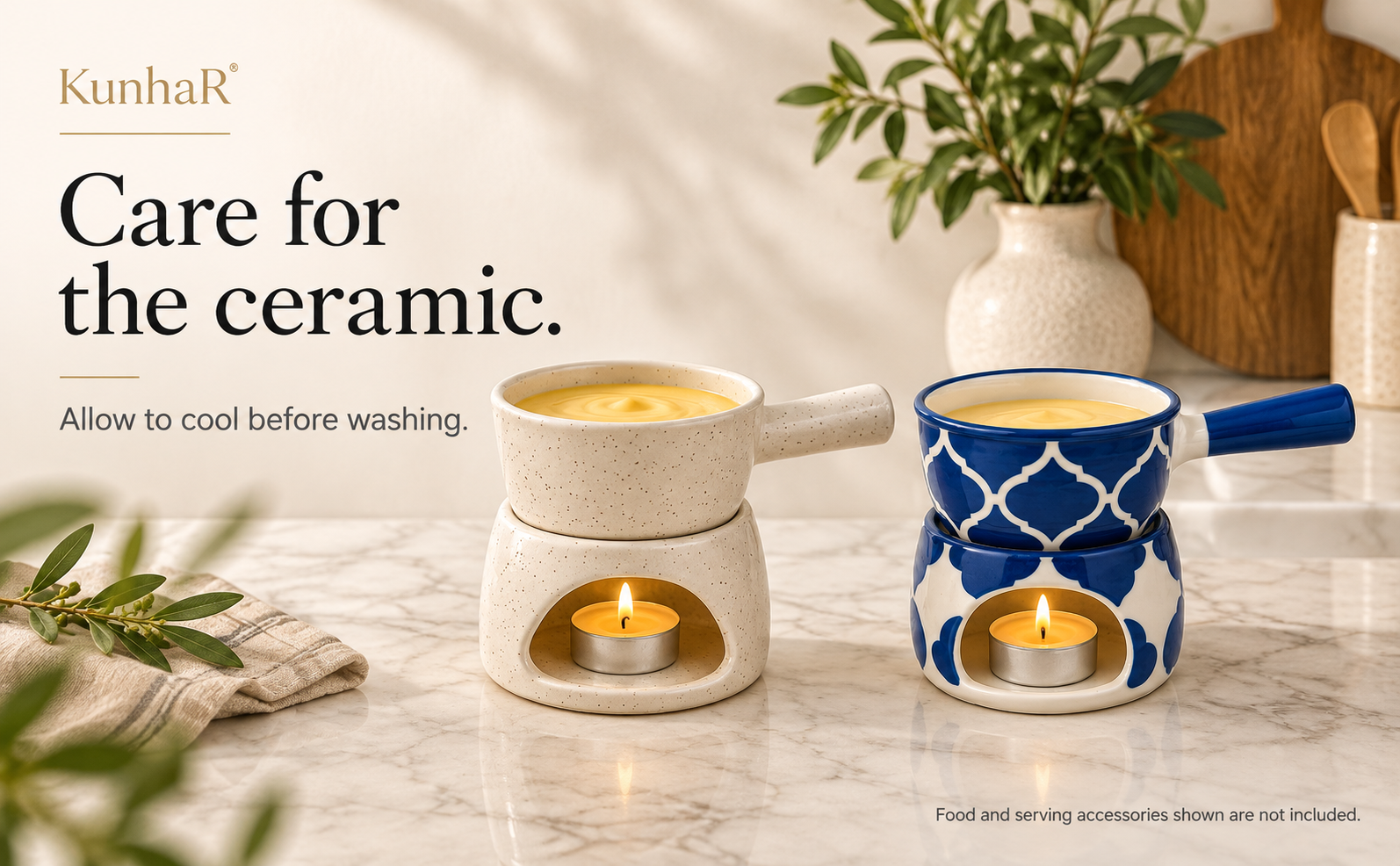 KunhaR Ceramic Fondue Set Pack of 2 (2 Piece of Fondue Set, 4 Tea Light Candle), White Matt & Blue Chidi — care