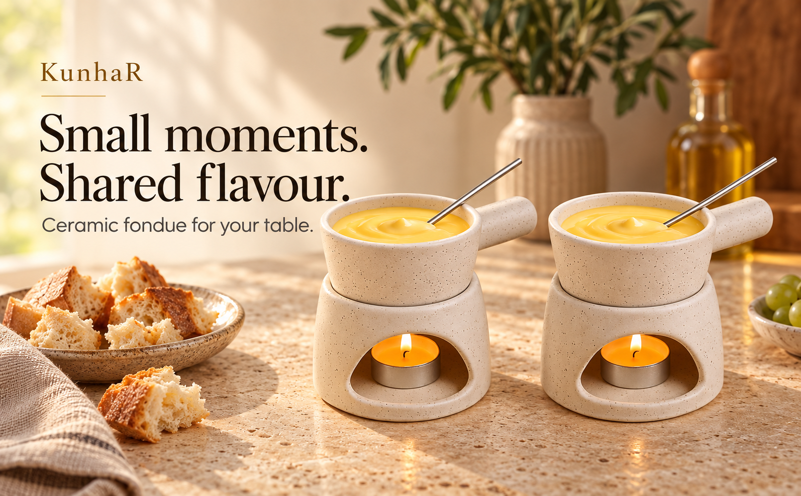 KunhaR Ceramic Fondue Set with Tea Light, 2 Pieces (White) — hero