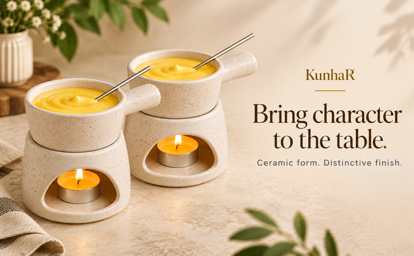 KunhaR Ceramic Fondue Set with Tea Light, 2 Pieces (White) — finish