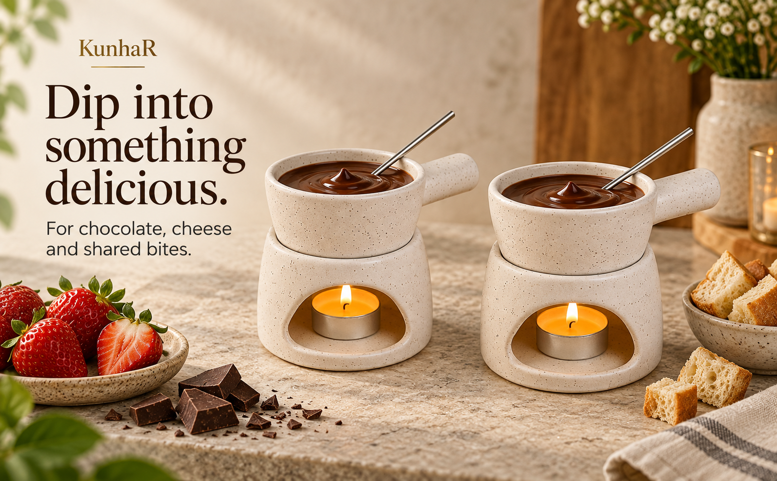 KunhaR Ceramic Fondue Set with Tea Light, 2 Pieces (White) — serve
