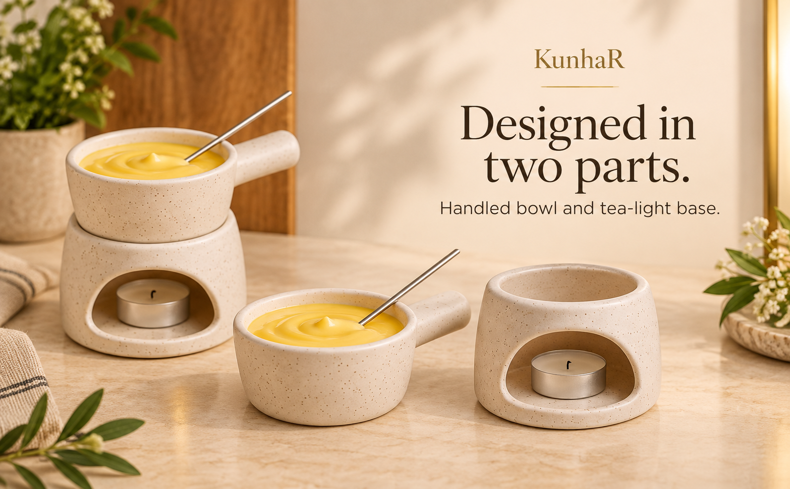 KunhaR Ceramic Fondue Set with Tea Light, 2 Pieces (White) — form