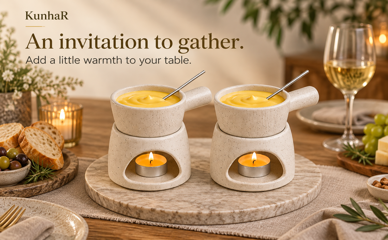 KunhaR Ceramic Fondue Set with Tea Light, 2 Pieces (White) — gather