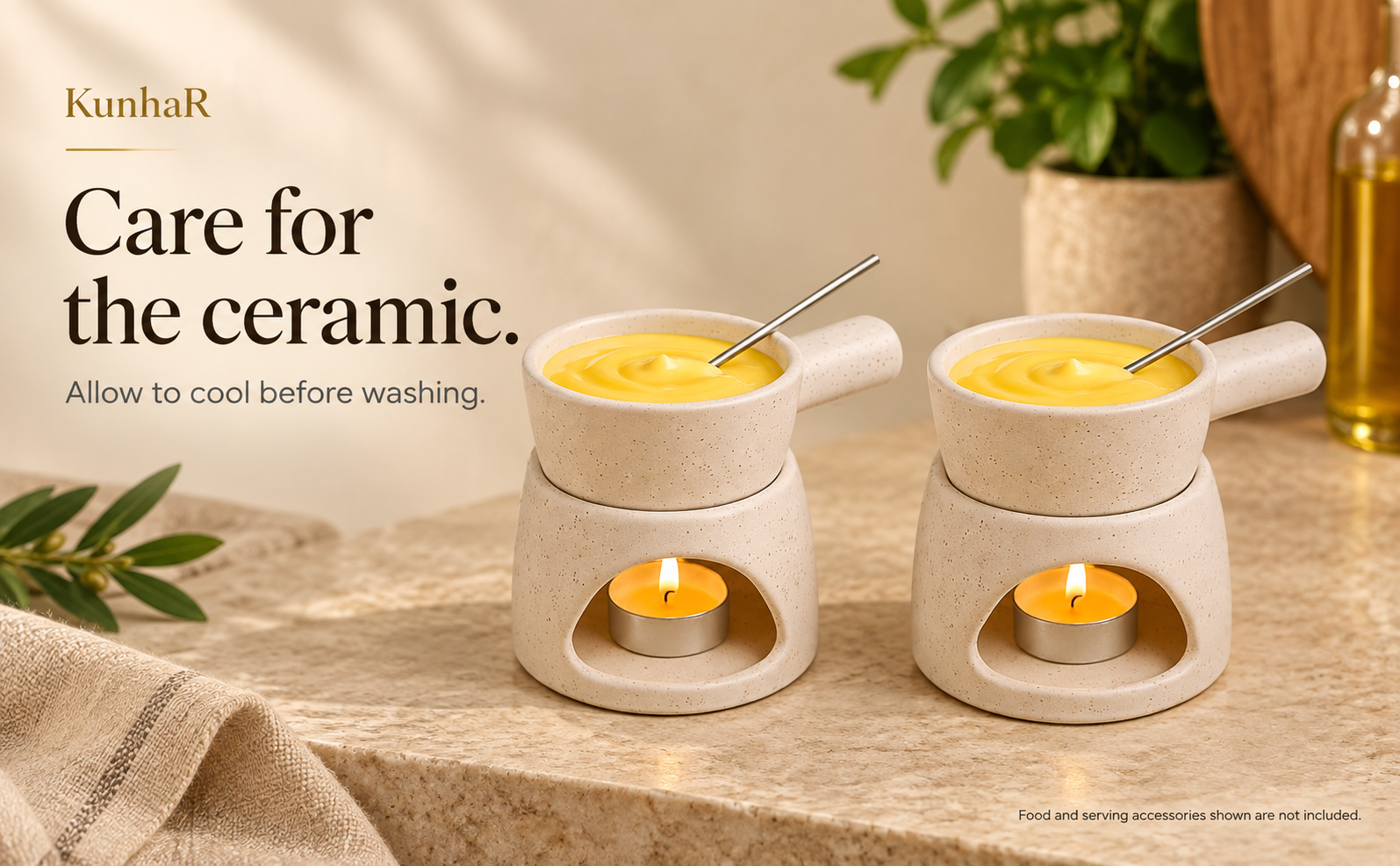 KunhaR Ceramic Fondue Set with Tea Light, 2 Pieces (White) — care