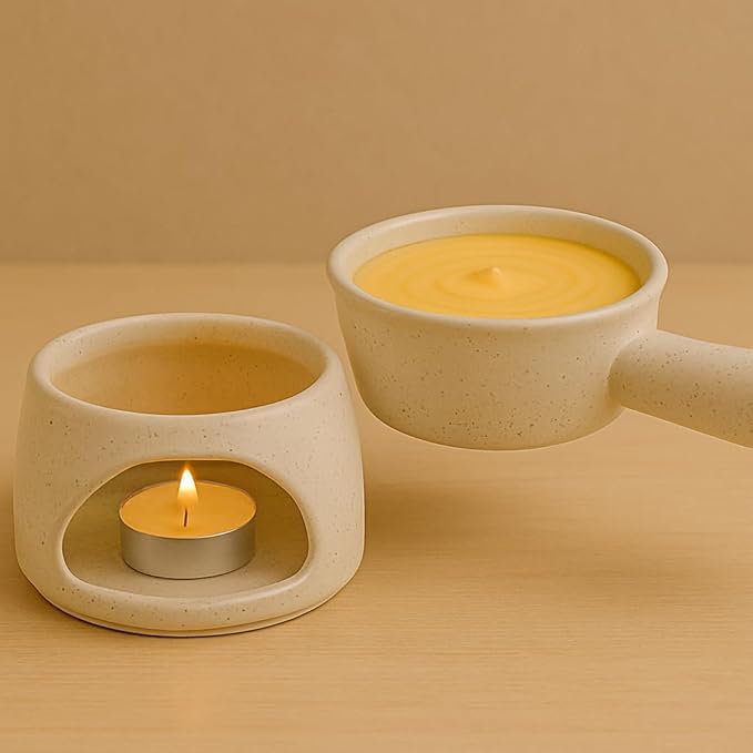 KunhaR Ceramic Fondue Set with Tea Light, 2 Pieces (White) - Image 2