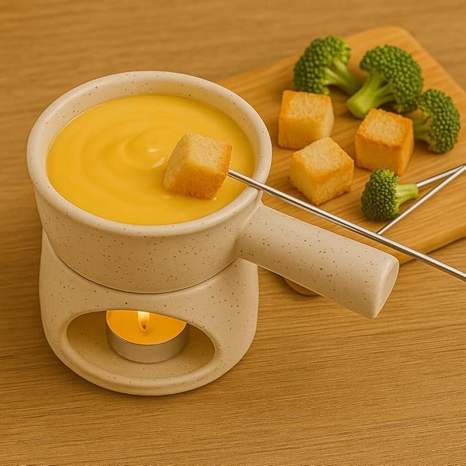 KunhaR Ceramic Fondue Set with Tea Light, 2 Pieces (White) - Image 3