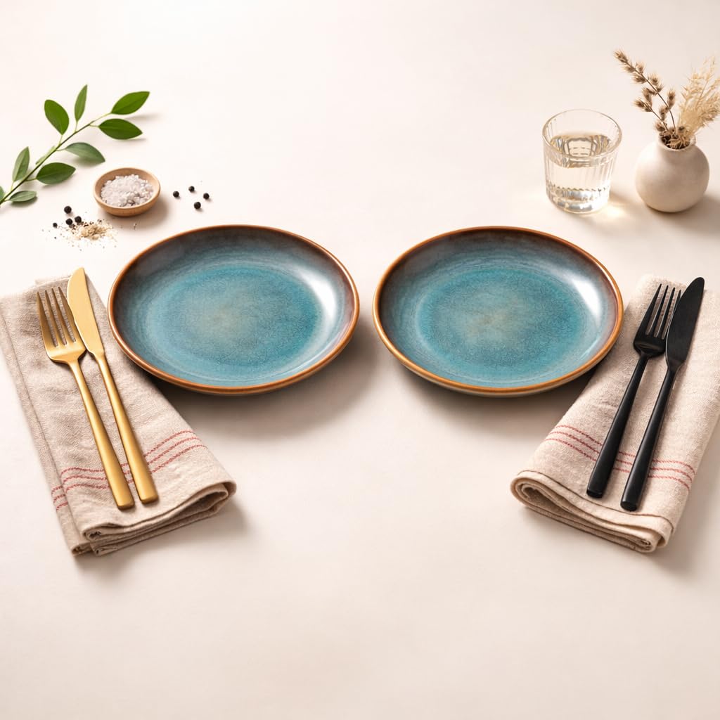 Kunhar Ceramic Dinner Plates 10 Inch Set of 2 | Sage Green Rustic Finish | Premium Glazed Stoneware | Microwave & Dishwasher Safe | Serving Plates for Dinner, Pasta, Salad - Image 2