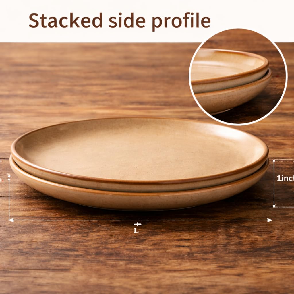 Kunhar Ceramic Dinner Plates Set of 2, 10 Inch | Rustic Ivory Speckled Finish with Brown Rim | Premium Glazed Stoneware | Microwave & Dishwasher Safe | Dinner, Pasta & Salad Serving Plates - Image 2