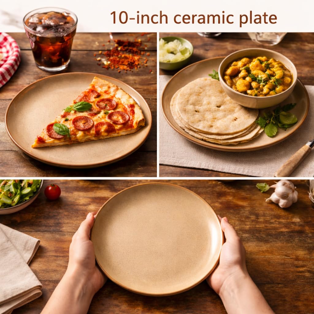 Kunhar Ceramic Dinner Plates Set of 2, 10 Inch | Rustic Ivory Speckled Finish with Brown Rim | Premium Glazed Stoneware | Microwave & Dishwasher Safe | Dinner, Pasta & Salad Serving Plates - Image 4