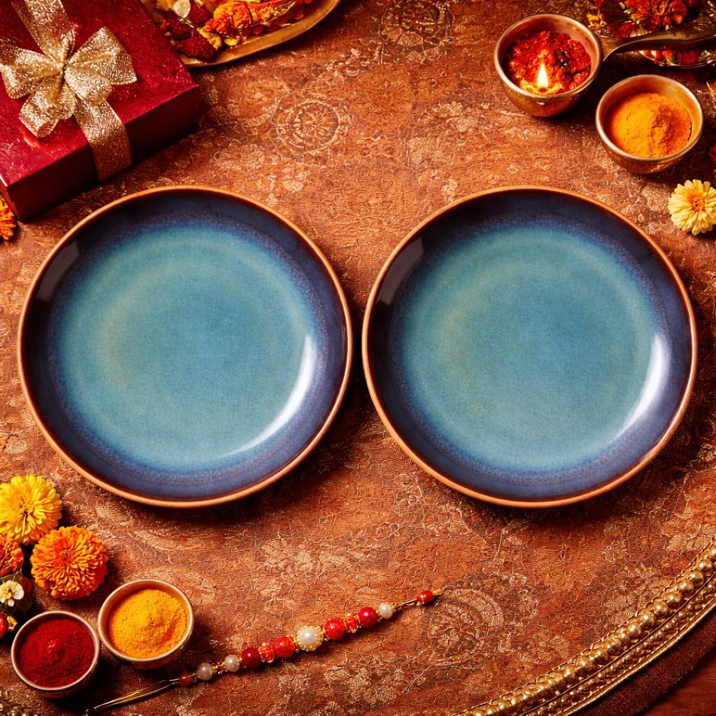 Kunhar Ceramic Dinner Plates Set of 2, 10 Inch | Blue Green Rustic Glaze with Dark Brown Rim | Premium Stoneware | Microwave & Dishwasher Safe | Serving Plates for Dinner, Pasta & Salad - Image 2