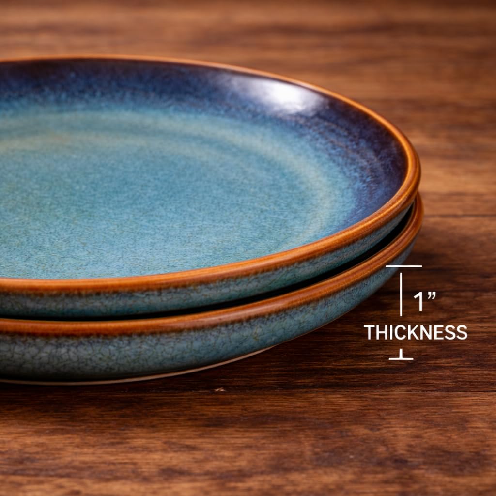 Kunhar Ceramic Dinner Plates Set of 2, 10 Inch | Blue Green Rustic Glaze with Dark Brown Rim | Premium Stoneware | Microwave & Dishwasher Safe | Serving Plates for Dinner, Pasta & Salad - Image 4