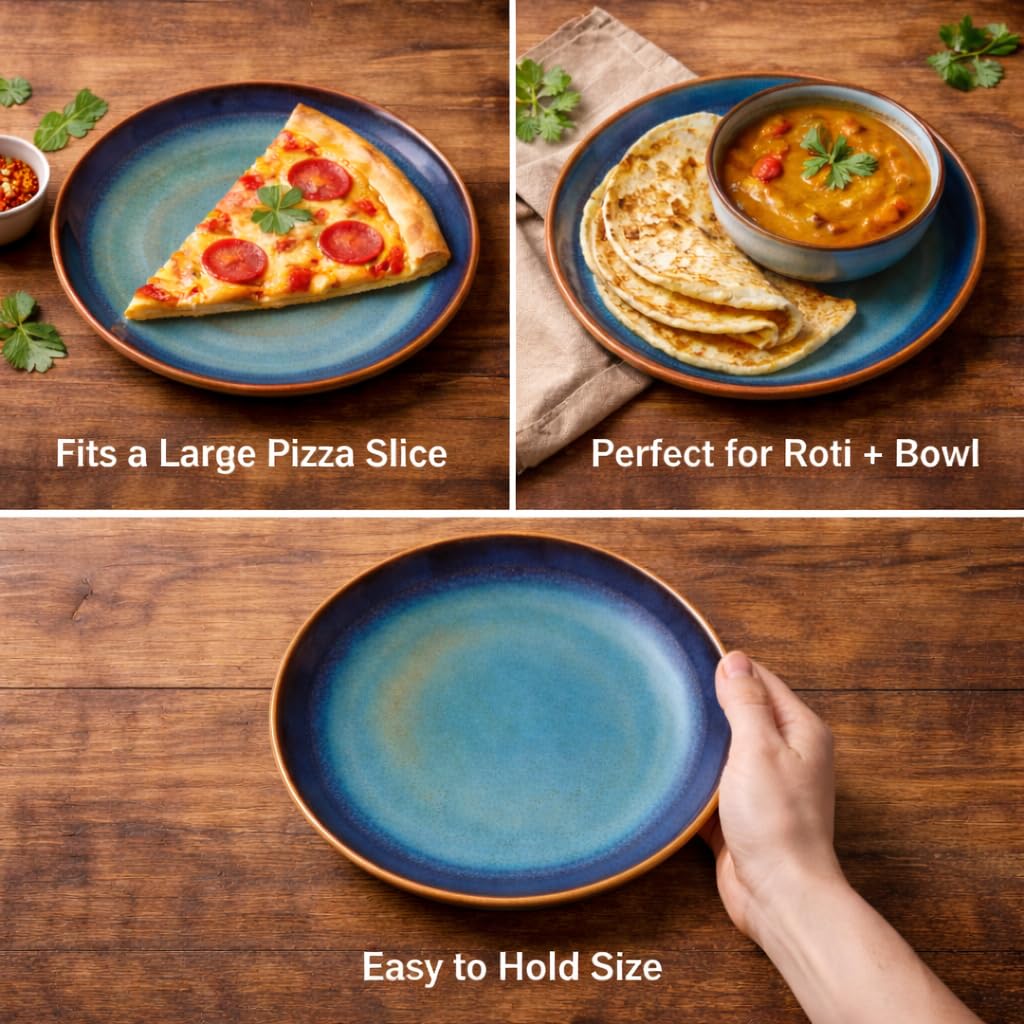 Kunhar Ceramic Dinner Plates Set of 2, 10 Inch | Blue Green Rustic Glaze with Dark Brown Rim | Premium Stoneware | Microwave & Dishwasher Safe | Serving Plates for Dinner, Pasta & Salad - Image 5