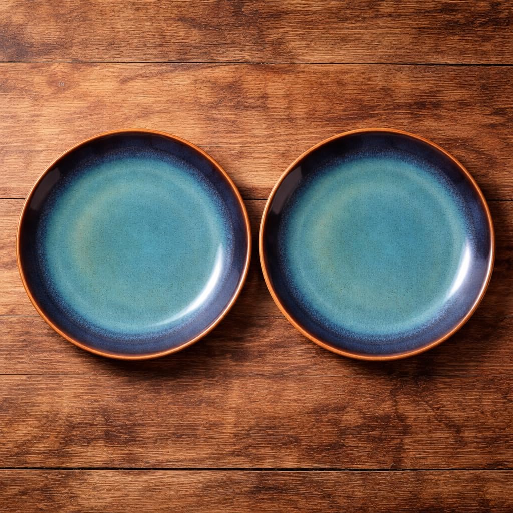 Kunhar Ceramic Dinner Plates Set of 2, 10 Inch | Blue Green Rustic Glaze with Dark Brown Rim | Premium Stoneware | Microwave & Dishwasher Safe | Serving Plates for Dinner, Pasta & Salad - Image 8