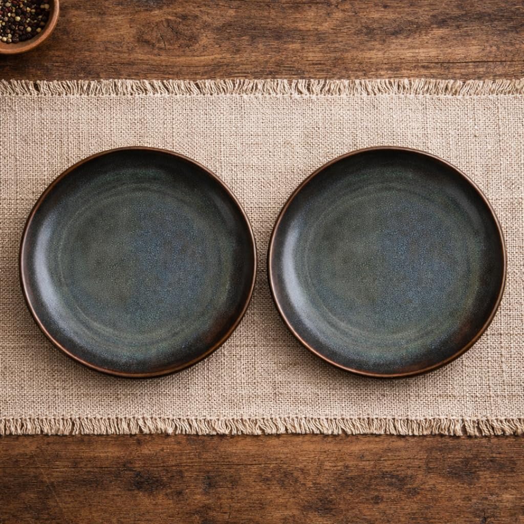 Kunhar Deep Pasta Plates Set of 2, 10 Inch | Ocean Teal Reactive Glaze with Dark Brown Rim | Premium Stoneware | Microwave & Dishwasher Safe | Deep Serving Plates for Pasta, Salad & Dinner - Image 2