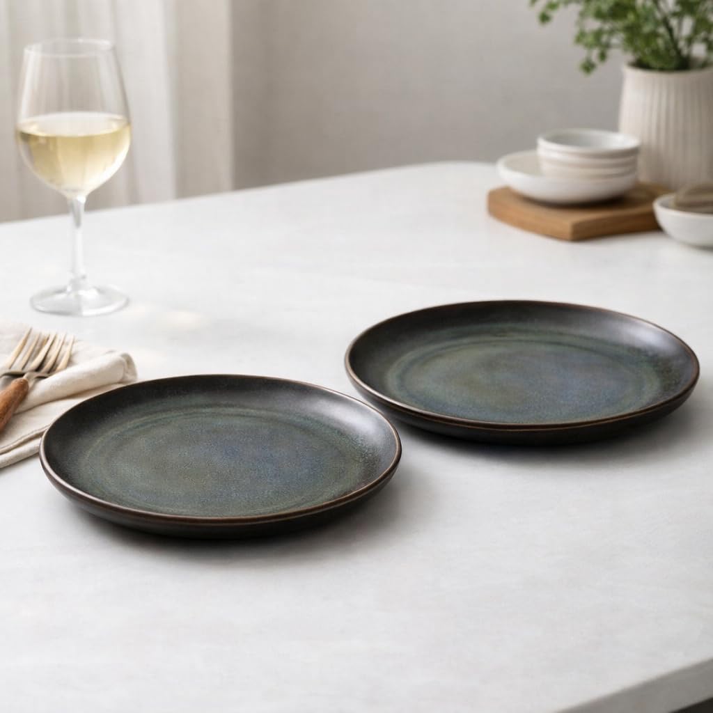 Kunhar Deep Pasta Plates Set of 2, 10 Inch | Ocean Teal Reactive Glaze with Dark Brown Rim | Premium Stoneware | Microwave & Dishwasher Safe | Deep Serving Plates for Pasta, Salad & Dinner - Image 4