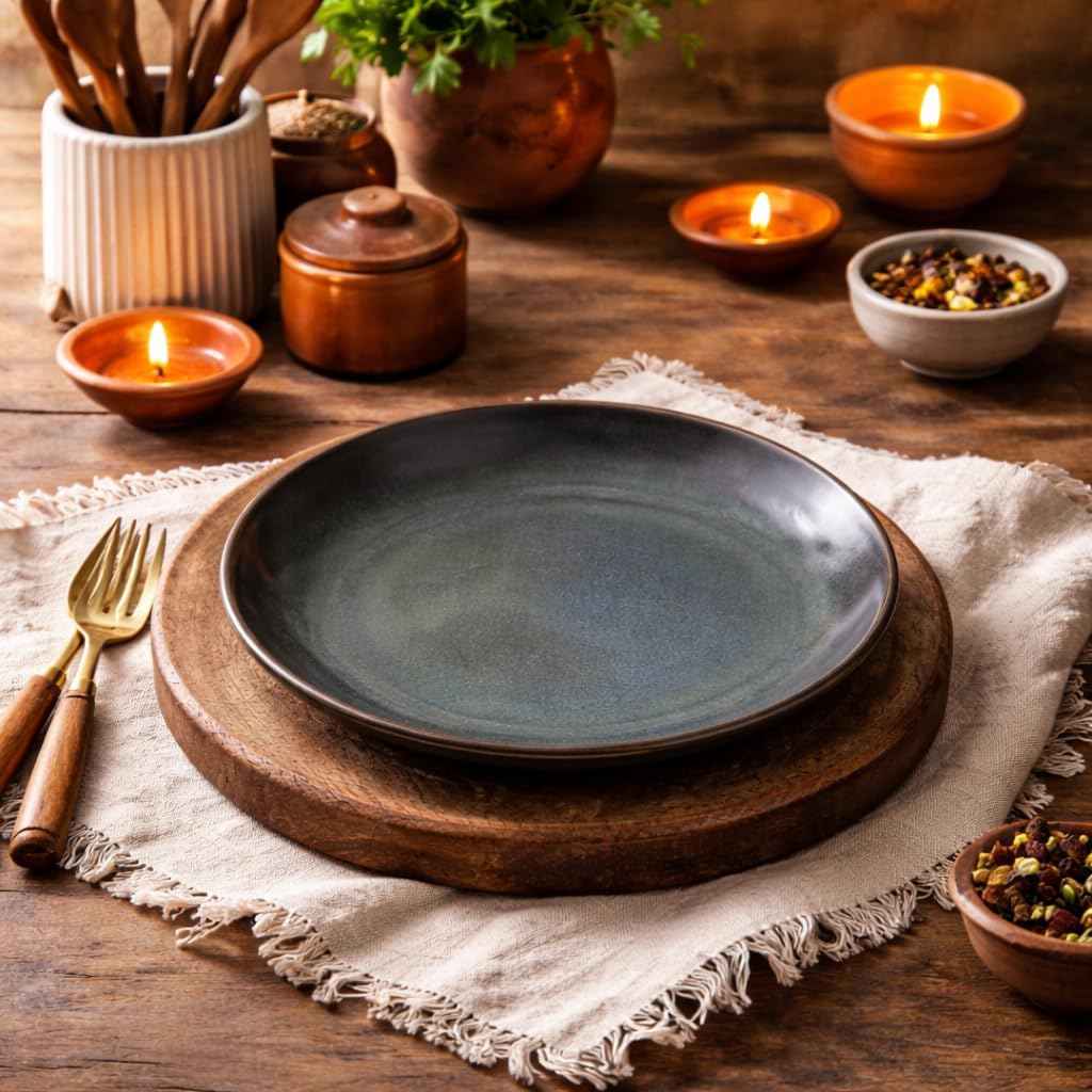 Kunhar Deep Pasta Plates Set of 2, 10 Inch | Ocean Teal Reactive Glaze with Dark Brown Rim | Premium Stoneware | Microwave & Dishwasher Safe | Deep Serving Plates for Pasta, Salad & Dinner - Image 7