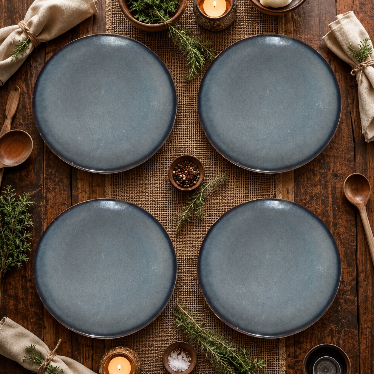 Kunhar Ceramic Dinner Plates Set of 4, 10 Inch | Ocean Teal Reactive Glaze with Brown Rim | Premium Stoneware | Microwave & Dishwasher Safe | Serving Plates for Dinner, Pasta & Salad