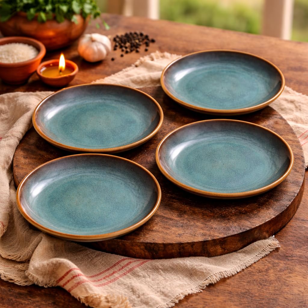 Kunhar Ceramic Dinner Plates Set of 4, 10 Inch | Ocean Teal Reactive Glaze with Brown Rim | Premium Stoneware | Microwave & Dishwasher Safe | Serving Plates for Dinner, Pasta & Salad - Image 2