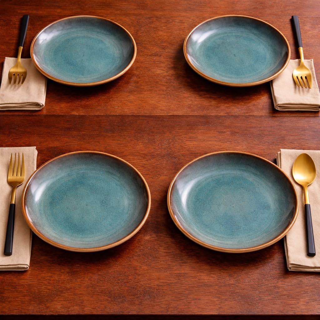 Kunhar Ceramic Dinner Plates Set of 4, 10 Inch | Ocean Teal Reactive Glaze with Brown Rim | Premium Stoneware | Microwave & Dishwasher Safe | Serving Plates for Dinner, Pasta & Salad - Image 4