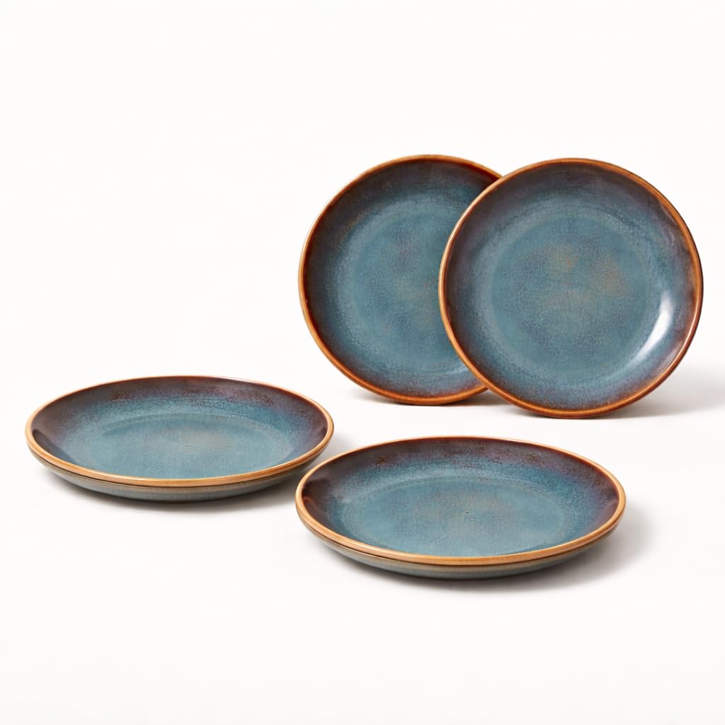 Kunhar Ceramic Dinner Plates Set of 4, 10 Inch | Ocean Teal Reactive Glaze with Brown Rim | Premium Stoneware | Microwave & Dishwasher Safe | Serving Plates for Dinner, Pasta & Salad - Image 6